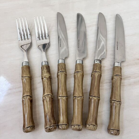 Vintage Faux Bamboo Stainless Steel Flatware 2 Dinner Forks + 4 Knives - Picture 1 of 9